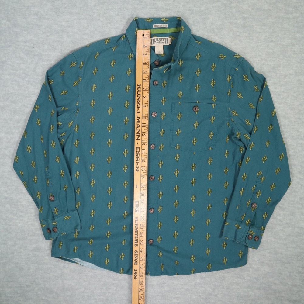 Duluth Trading Co Long Sleeve Button Up Shirt Cactus Print Teal Green Mens L - Picture 5 of 5
